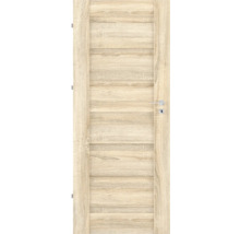 Interiérové dveře s dekorem dubu, horizontálními panely, stříbrnou klikou a otvorem pro klíč.