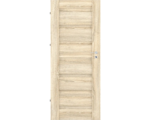 Interiérové dveře s dekorem dubu, horizontálními panely, stříbrnou klikou a otvorem pro klíč.