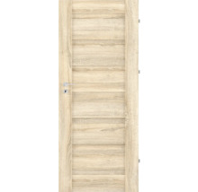 Interiérové dveře ve světlém dekoru dřeva s horizontálními panely a stříbrnou klikou.