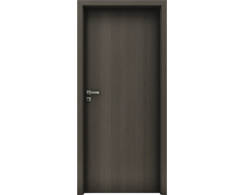 Interiérové dveře se zárubní v dekoru dřeva včetně dveřní kliky a rozety pro klíč.