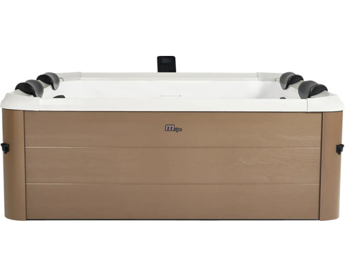 Obdélníková vířivka MSpa s hnědým vnějším obložením v dekoru dřeva a černými opěrkami hlavy.