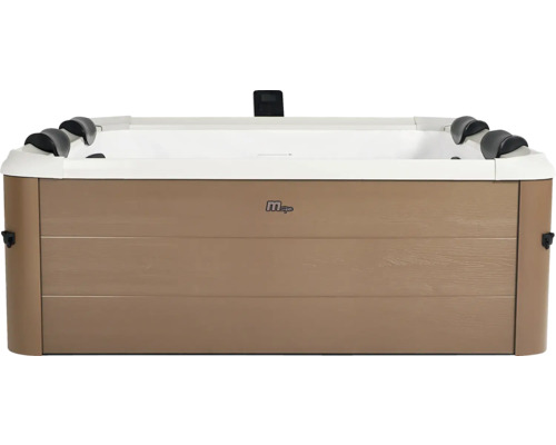 Obdélníková vířivka MSpa s obložením v dekoru dřeva, bílou vnitřní vanou a černými opěrkami hlavy.