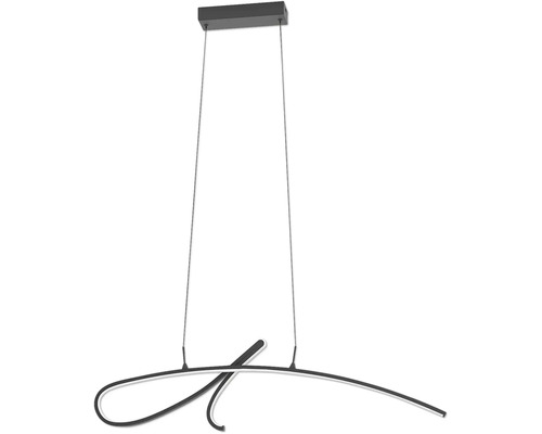 Moderní LED závěsné svítidlo se zakřiveným černým kovovým prvkem a obdélníkovým stropním úchytem.