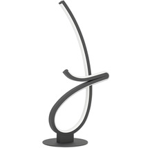 Moderní stolní LED lampa v zakřiveném, abstraktním tvaru.