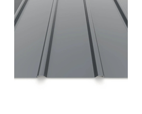 Trapézový plech z oceli v antracitové barvě s hladkým povrchem pro střechy a stěny.