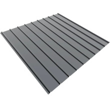 Kovový profilovaný plech se vzhledem stojaté drážky pro střechu a stěnu v antracitové barvě.