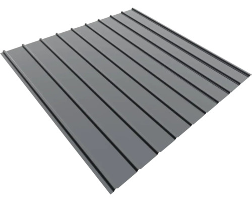 Kovový profilovaný plech se vzhledem stojaté drážky pro střechu a stěnu v antracitové barvě.