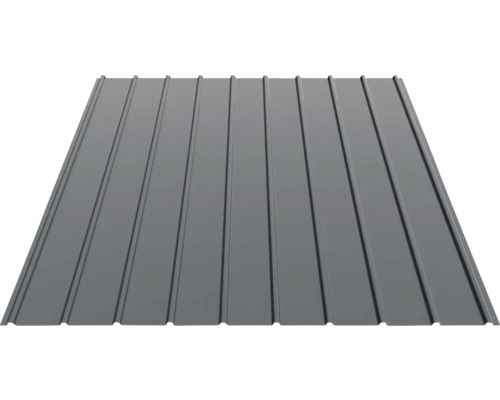 Trapézový plech v antracitové barvě s podélným profilem z kovu.