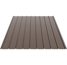 Trapézový plech z kovu s profilovaným povrchem v hnědé barvě.