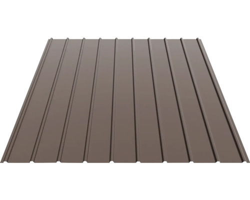 Trapézový plech z kovu s profilovaným povrchem v hnědé barvě.