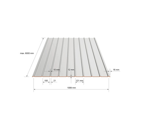 Trapézový plech s rozměry. Šířka 1089 milimetrů, maximální délka 6000 milimetrů, výška profilu 12 milimetrů.