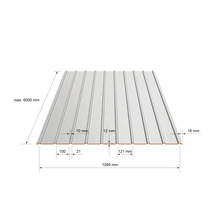 Trapézový plech s rozměry. Šířka 1089 milimetrů, maximální délka 6000 milimetrů, výška profilu 12 milimetrů.