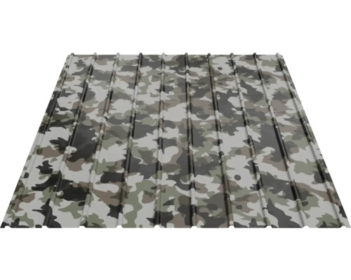 Trapézový plech s maskovacím vzorem pro střechu a stěnu.