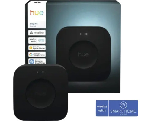 Černý Philips Hue Bridge Pro Smart Hub, kompatibilní s Matter, Alexa, Apple Home, Google Home, Samsung SmartThings a Hornbach Smart Home.