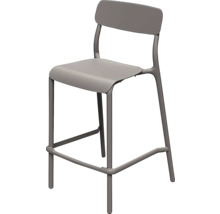 Šedá barová židle s opěradlem a opěrkou na nohy, moderní minimalistický design.