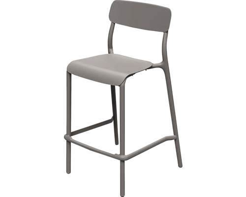 Šedá barová židle s opěradlem a opěrkou na nohy, moderní minimalistický design.