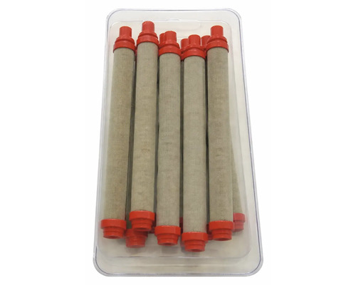 Airless filtry pro stříkací pistole, jemné filtry s pletivem a červenými plastovými koncovkami v plastovém obalu.