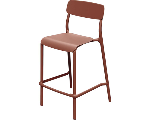 Kovová barová židle s opěradlem a opěrkou na nohy v červenohnědé barvě.