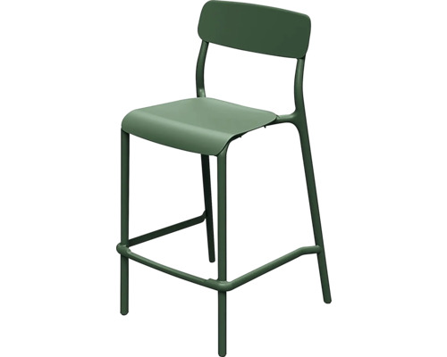 Barová židle s opěradlem a opěrkou nohou, zelená.