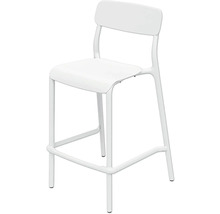 Bílá barová židle s opěradlem a integrovanou opěrkou nohou.
