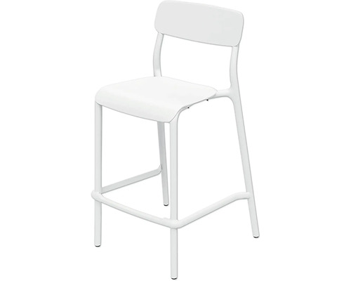 Bílá barová židle s opěradlem a integrovanou opěrkou nohou.