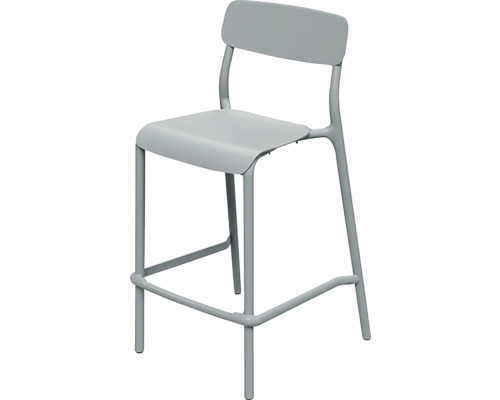 Šedá barová židle s opěradlem a opěrkou nohou z kovu.