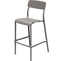Moderní šedá barová židle s opěradlem a opěrkou nohou, kovový rám a plastový sedák.