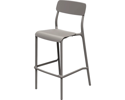 Moderní šedá barová židle s opěradlem a opěrkou nohou, kovový rám a plastový sedák.