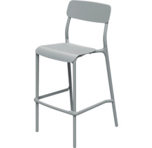 Šedá barová židle s opěradlem a opěrkou nohou z kovu.