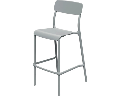 Šedá barová židle s opěradlem a opěrkou nohou z kovu.