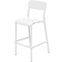 Bílá barová stolička s opěradlem a opěrkou nohou z kovu a plastu.