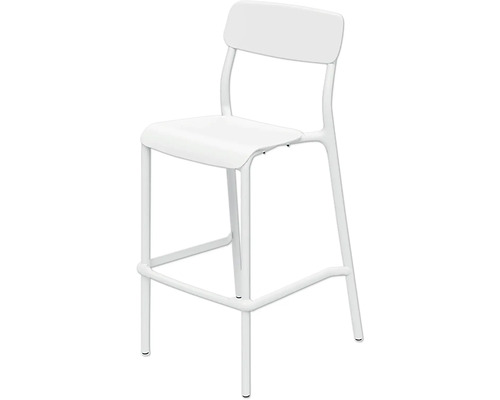Bílá barová stolička s opěradlem a opěrkou nohou z kovu a plastu.