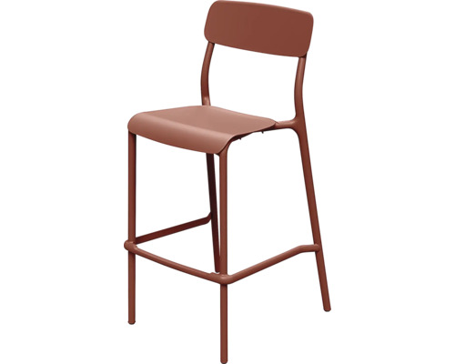 Barová židle s opěradlem a opěrkou na nohy z kovu v terakotové barvě.