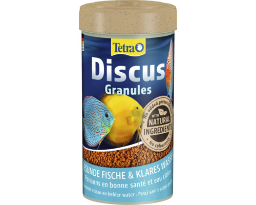 Dóza krmiva pro ryby Tetra Discus Granules pro terčovce s přírodními složkami bez barviv a konzervačních látek.