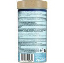 Zadní strana Tetra Discus Granules s pokyny ke krmení, složením, čárovým kódem, hmotností 75 gramů a symbolem pro recyklaci.