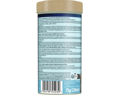 Zadní strana Tetra Discus Granules s pokyny ke krmení, složením, čárovým kódem, hmotností 75 gramů a symbolem pro recyklaci.