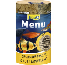Krmivo pro ryby Tetra Menu se čtyřmi druhy pro okrasné ryby. Tetra Logo. Přírodní složky, bez konzervantů a barviv.