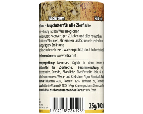 Zadní strana plechovky krmiva pro okrasné ryby se složením, doporučením ke krmení, čárovým kódem a údaji o hmotnosti 25 gramů a objemu 100 mililitrů.