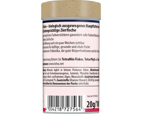 Zadní strana balení krmiva Tetra pro okrasné ryby s informacemi o produktu, čárovým kódem a hmotností 20 gramů.