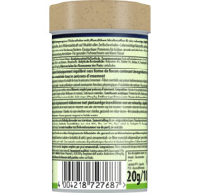 Zadní strana obalu vločkového krmiva pro okrasné ryby se složením, biologicky vyvážené, 20 gramů.