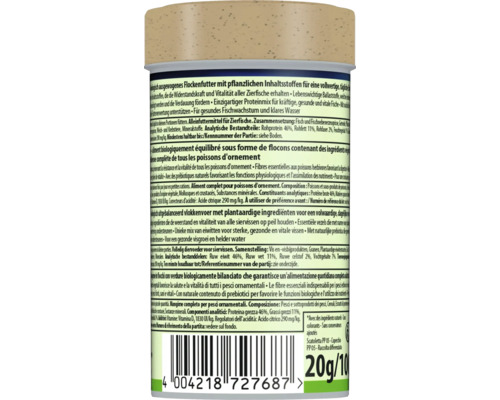 Zadní strana obalu vločkového krmiva pro okrasné ryby se složením, biologicky vyvážené, 20 gramů.