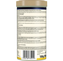 Zadní pohled na dózu s krmivem pro okrasné ryby se složením, pokyny ke krmení, čárovým kódem a informacemi o recyklaci.