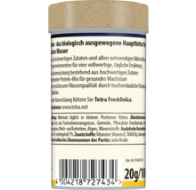 Zadní strana obalu krmiva pro ryby Tetra s informacemi o složení, krmení a čárovým kódem.