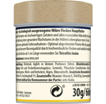 Zadní strana balení krmiva TetraMin Baby, mikrovločky pro mladé ryby se složením, doporučením pro krmení a hmotností 30 gramů.