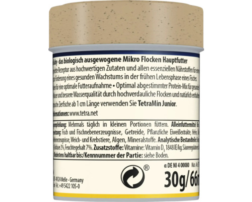 Zadní strana balení krmiva TetraMin Baby, mikrovločky pro mladé ryby se složením, doporučením pro krmení a hmotností 30 gramů.