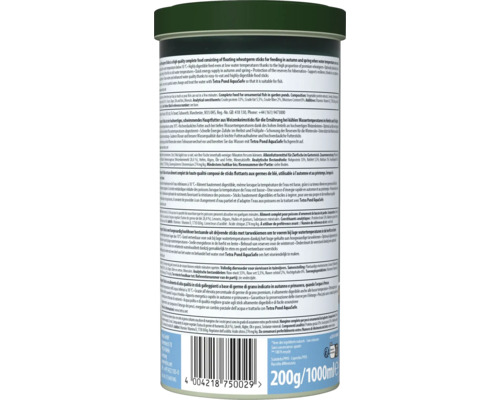 Zadní etiketa krmiva pro ryby v zahradních jezírkách Tetra Pond Wheatgerm Sticks se složením a doporučeným krmením.