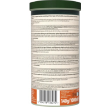 Zadní strana dózy krmiva pro ryby Goldfish Mix se složením, pokyny ke krmení, čárovým kódem a údaji 140 gramů a 1000 mililitrů.