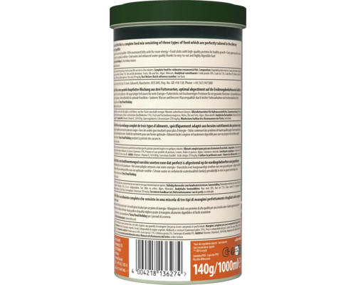 Zadní strana dózy krmiva pro ryby Goldfish Mix se složením, pokyny ke krmení, čárovým kódem a údaji 140 gramů a 1000 mililitrů.