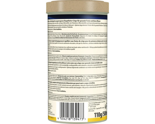 Zadní strana dózy krmiva pro ryby Tetra Crisps se seznamem složek, pokyny ke krmení, čárovým kódem a hmotností 110 gramů nebo 500 mililitrů.