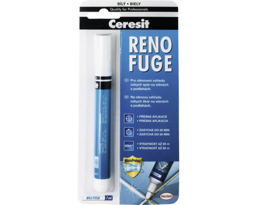 Ceresit Reno Fuge fix na obnovu úzkých spár na stěnách a podlahách, zasychá do 60 minut, vydatnost až 60 metrů.